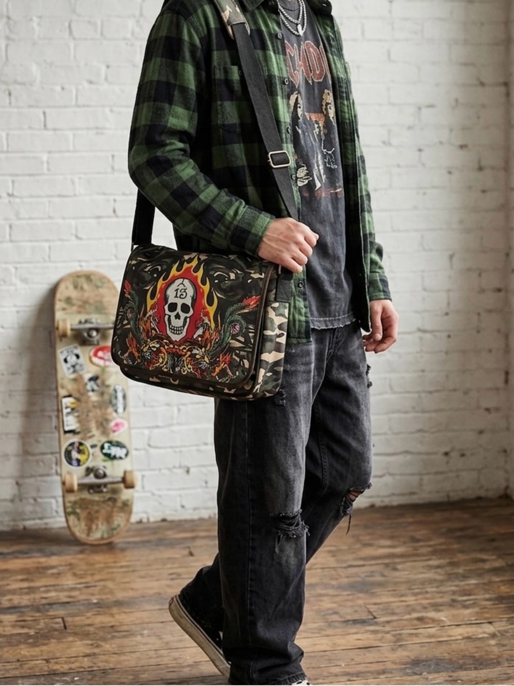 Ed Hardy Black Messenger Bag with Multicolor Skull 13 & Flame Artwork